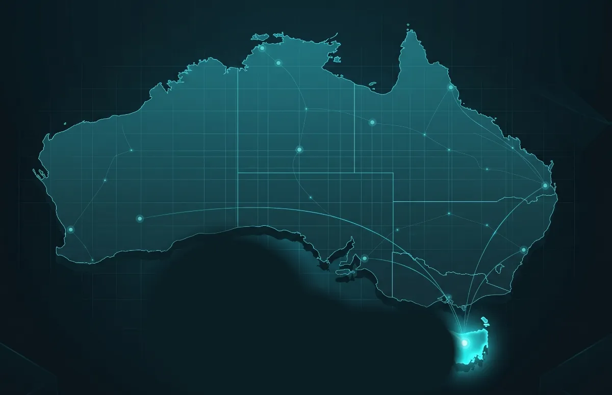 Map of Australia with Tasmania lit and connections reaching Perth, Adelaide, Melbourne, Sydney and Brisbane